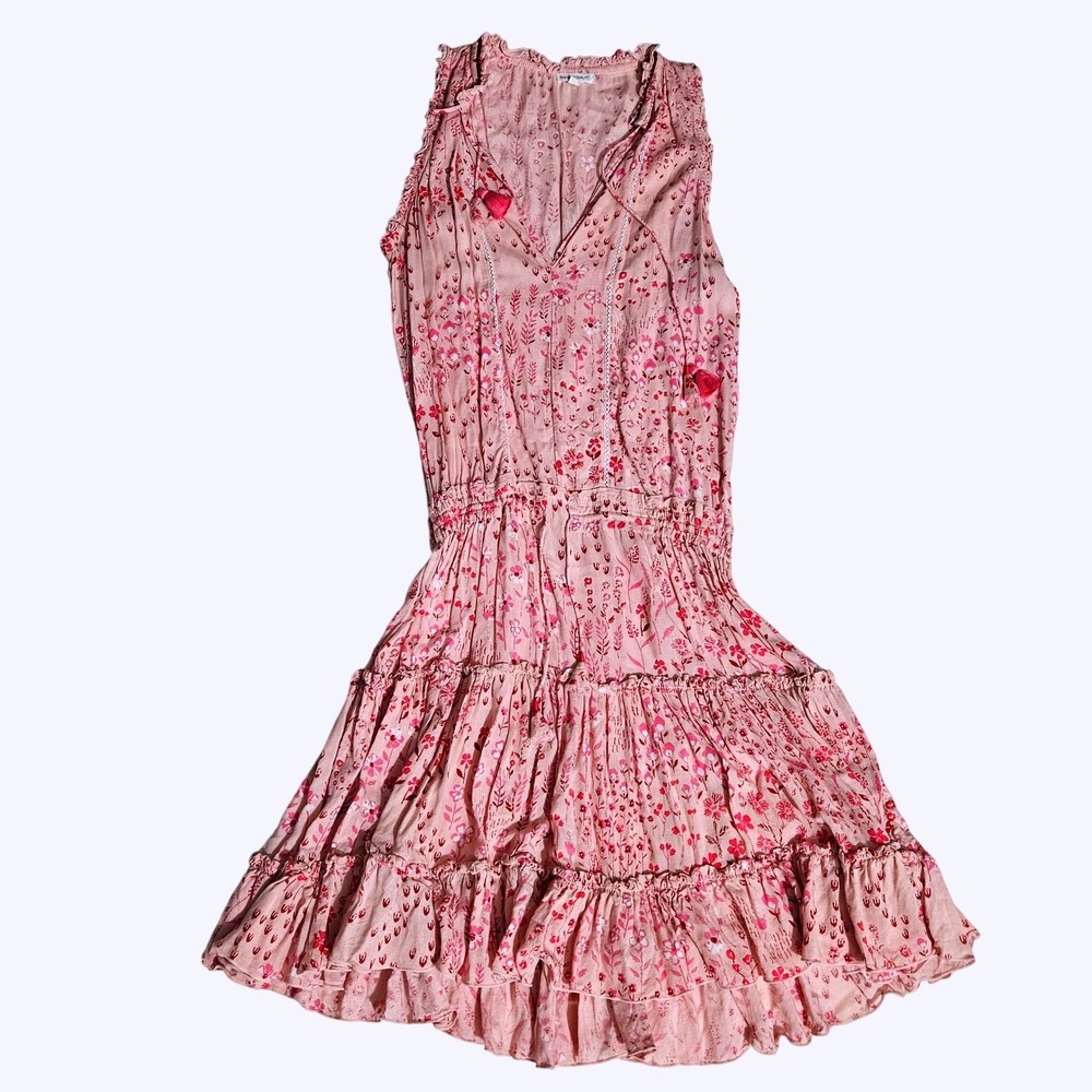 Poupette St Barth Pink Floral Tiered Ruffle Mini Dress Tassel V-Neck Small